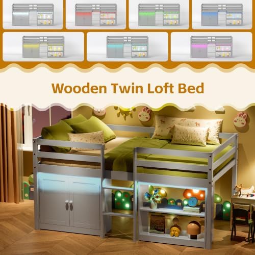 Low Loft Bed Twin Size with Storage Cabinet for Kids, Grey