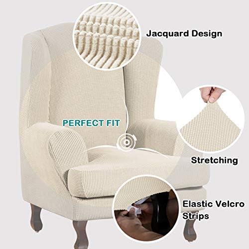 Turquoize Wingback Chair Covers 2 Piece Wing Chair Slipcover Stretch Slipcovers for Wingback Chairs Wing Chair Cover Spandex Jacquard Fabric with Elastic Bottom Non-Slip Furniture Cover,Biscotti Beige
