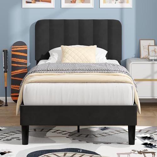 VECELO Twin Size Bed Frame with Upholstered Headboard, Velvet Platform Bedframe Mattress Foundation, Strong Wood Slat Support, No Box Spring Needed,Black