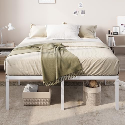 Allewie Queen Bed Frame, 18 Inch Metal Beds with Storage Space, White