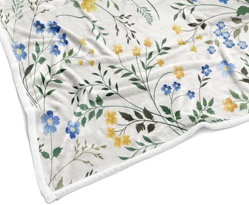 Spring Floral Throw - Blue & Yellow Watercolor Floral Blanket for Couch Sofa Camping, Farmhouse Cottagecore Flowers Bedding Decor, Soft Warm Flannel Throw for Women Girls, 60X70