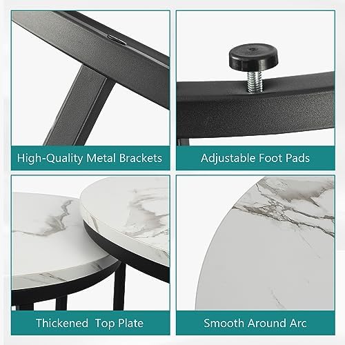 Smuxee White Nesting Coffee Table Set of 2, 23.6" Round Coffee Table Wood Grain Top with Adjustable Non-Slip Feet, Industrial End Table Side Tables for Living Room Bedroom Balcony Yard