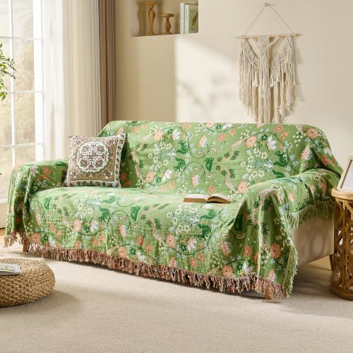 VANJOROY Boho Throw Blanket, 100% Organic Cotton Breathable Ultra Soft 91" x 108" King Bed Quilt Throw - All Season Floral Rustic Farmhouse Decor Luxury Blanket for Sofa Couch Chair and Gift