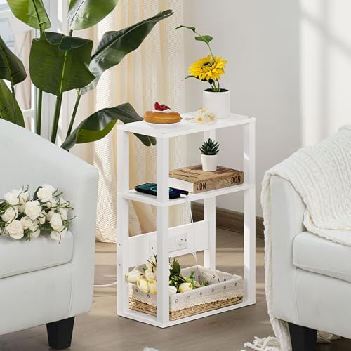 YUFAM 3-Tier Narrow Bedside Table with Charging Station, Skinny Nightstand
