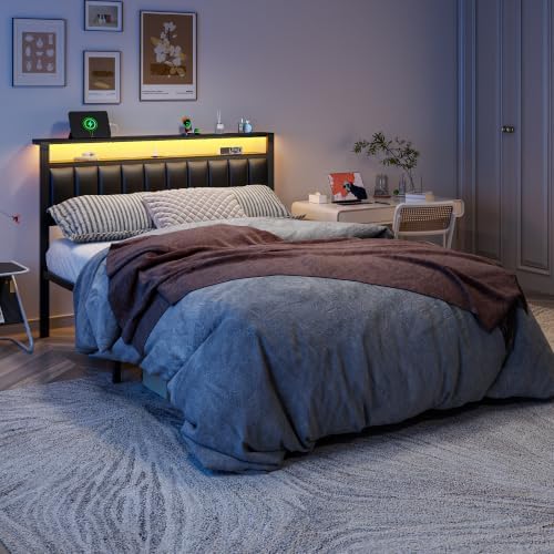 Furnulem Black Queen Bed Frame with PU Upholstered Headboard & LED Lights