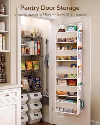ULG 1-Pack Over Door Organizer with 5 Large Pockets 10 Mesh Side Pockets, 44 lbs Weight Capacity Hanging Storage Organizer with Clear Window for Bedroom Bathroom Kitchen, RV, Camper, Beige