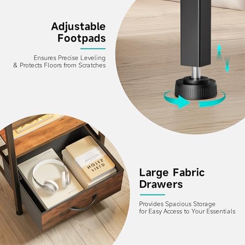 Lazzanto Nightstand with Rear Charging Station, LED Light, 3 Drawers, Brown