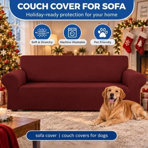 KEKUOU Stretch Couch Covers for Sofa, 3 Cushion Couch Slipcover,Dark Red