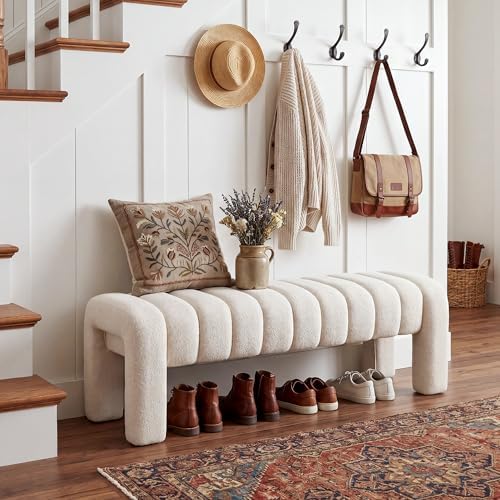43.3" End of Bed Bench, Upholstered Linen Bench, Beige