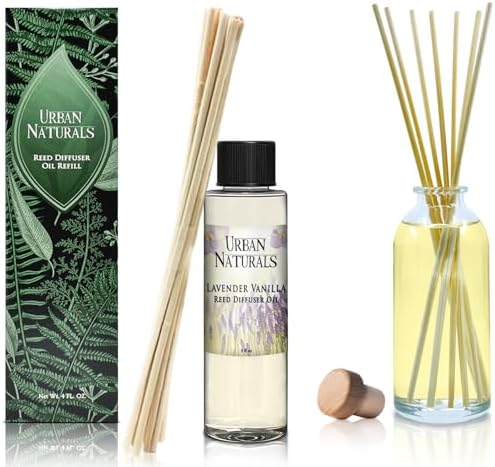 Urban Naturals Lavender Vanilla Scented Oil Reed Diffuser Refill and Reed Sticks – Lavender Blossom, Creamy Vanilla, White Woods and Sugared Musk, 4 oz (2 Pack)