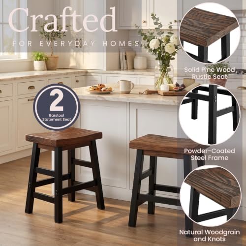 Alaterre Furniture Pomona Solid Wood Bar Stool Set of 2, Brown/Black, 20”