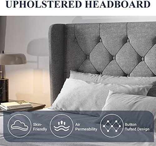 Allewie King Bed Frame with Button Tufted Wingback Headboard, Light Grey