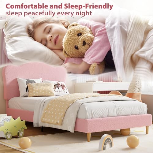 Garvee Upholstered Twin Size Bed Frame for Kids with Scallop Headboard, Cute Velvet Twin Bed for Girls, Boys, Sturdy Platform Bed, No Box Spring Needed, Wooden Slats, Noise Free, Pink