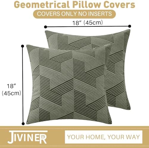 JIVINER Decorative Geometrical Throw Pillow Covers 18 x 18 Inch, Set of 2 Soft Modern Pattern Pillow Covers for Sofa, Couch, Living Room, Army Green