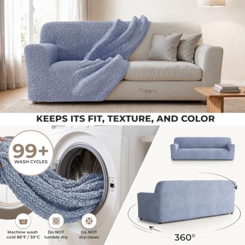 PAULATO Premium Stretch Couch Covers for Sofa - Sofa Chair Cover Washable, Dogs & Pets Friendly - Elastic Polyester Loveseat Slipcovers - Non-Slip Love Seat Couch Covers - Blue (86"-120" Wide)
