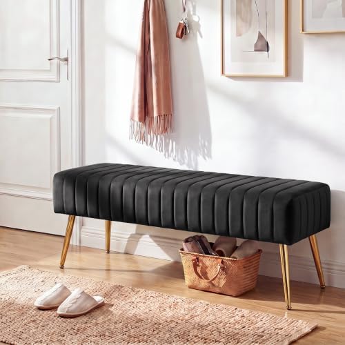 Furniliving 44 Inch Bedroom Bench, Upholstered Tufted Striped Fabric Ottoman Benches with X-Shaped Metal Legs for Living Room, Entryway Solid Wood Indoor Bench for Foyer (Black)