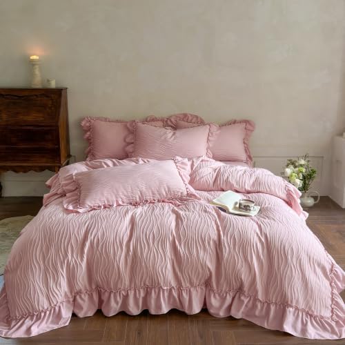 Cottagecore Ruffled TwinXL Duvet Cover Set Pink Wavy Jacquard Shabby Chic Bedding Set 3 Pieces, Microfiber Zipper Comforter Cover and 2 Pillowcases French Vintage Bedding Duvet Cover for All Seasons