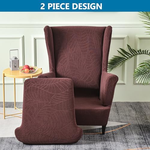 2 Piece Wingback Chair Cover Stretch Jacquard Wing Back Chair Slipcover with Armrest Washable Furniture Protector for Armchair Living Room Bedroom