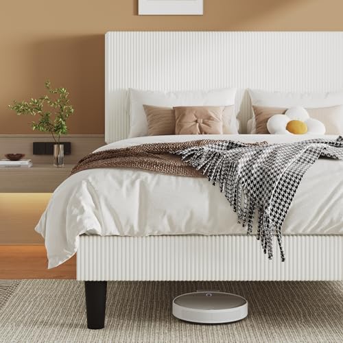 Allewie Full Bed Frame, Corduroy Tufted Headboard, White