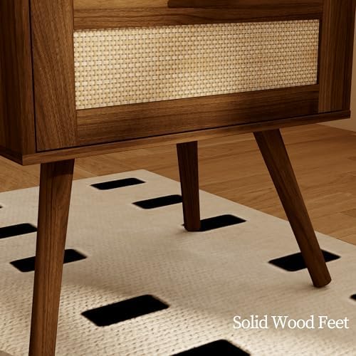 JOONEE Rattan Nightstand,Farmhouse Bedside Table with 2 Storage Drawer and Open Wood Shelf, for Bedroom and Small Spaces,Night Stand with Solid Wood Legs (Walnut Brown)