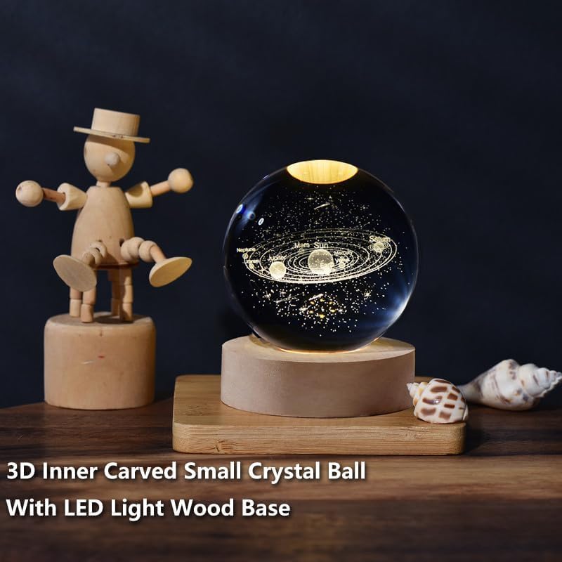 Glowing Crystal Ball 3D Inner Carved Small Light with Wood Base, Decorative Creative Gift Luminous Crystal Ball for Christmas Classmates and Kids Birthday (CuriousCat)