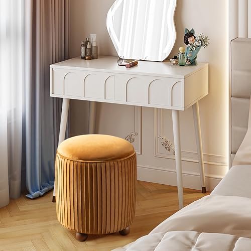 Glitzhome Round Ottoman with Storage Set of 2 Vanity Stool Foot Rest with Removable Lid Modern Upholstered Velvet Storage Ottoman Stool for Living Room and Dorm, Brown