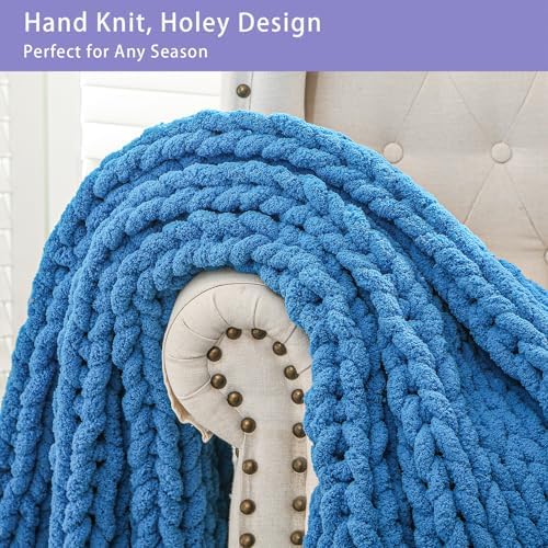 Bigacogo Chunky Knit Throw Blanket for Couch, 40x60 inches, Bright Blue