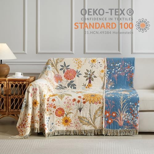 Boho Throw Blanket for Bed 60”x80”, 100% Cotton Blanket for Couch Sofa