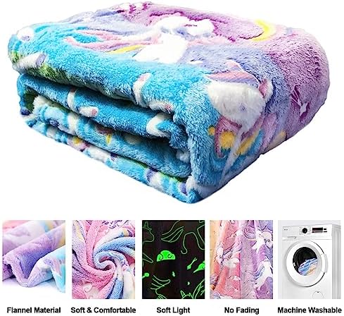 Unicorn Glow in The Dark Kids Blanket, Soft Fleece Throw 50"x60" for Girls & Boys, Ages 3-12