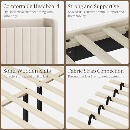 Yaheetech Queen Bed Frame with Channel-Tufted Storage Headboard, Cool Beige