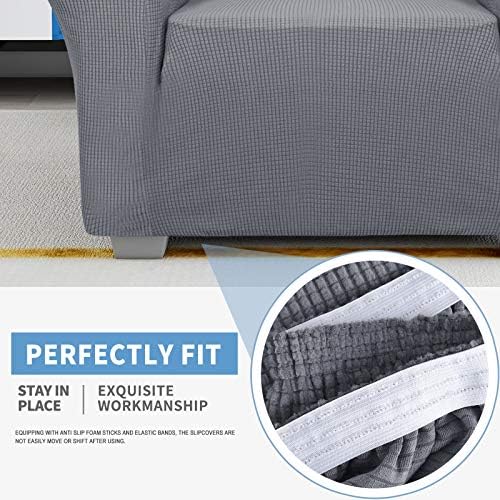 JIVINER Super Stretch Chair Sofa Slipcovers 1-Piece Jacquard Chair Covers for Living Room Soft Anti Slip 1 Seater Couch Furniture Protector Small Checks for Kids Pets (Chair, Light Gray)
