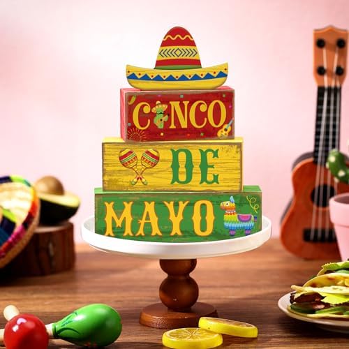 Yuntau 4 Pcs Cinco De Mayo Wood Blocks Tiered Tray Tabletop Centerpiece