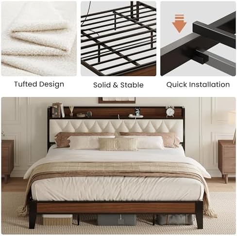ANCTOR King Size Bed Frame with Headboard and Charging Station, Walnut