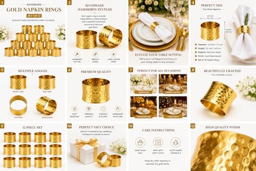 ITOS365 Gold Napkin Rings Set of 12, Handmade Hammered Metal Napkin Ring Holders for Dining Table, Wedding, Parties & Everyday Table Decor