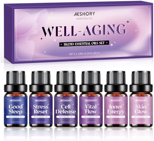 AESHORY Well-Aging Essential Oils Set, 6 Premium Aromatherapy Blend Oils for Diffusers for Home, Self Care & Relaxation Gift for Women, Good Sleep, Stress Reset, Vital Flow, Skin Glow, 6 x 10ML
