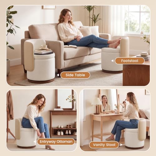 Ottoman with Storage, Round Vanity Stool with Back