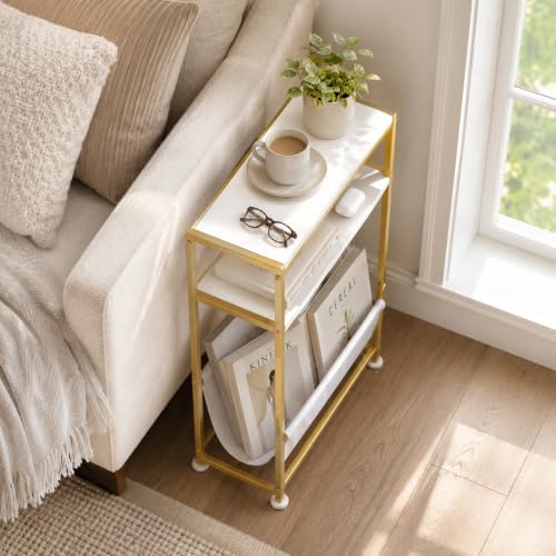 Narrow End Table for Small Spaces - Slim Side Table with Magazine Holder,2 in 1 Design Narrow Coffee Table Living Room,Skinny Bedroom Nightstand Thin Side Magazine Table (White+Gold)