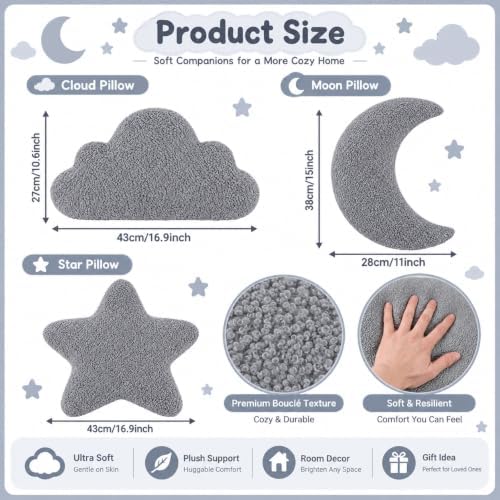 3 Pack Cloud Moon Star Shaped Throw Pillows 16 Inch Gray Plush Pillow Set