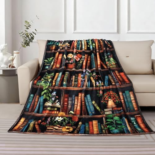 Bookshelf Throw Blanket Vintage Books Blanket for Book Lovers Reading Blankets for Readers Floral Fleece Throw Blanket Super Soft Warm Cozy Flannel Blankets for Couch Sofa Bed 60x80in