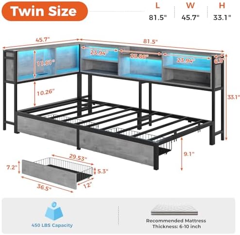 Corner Twin Bed Frame with Bookcase Storage Headboard & Led Lights,Oak Gray