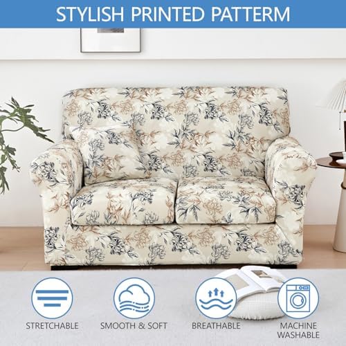 Stretch Printed Sofa Cover Couch Covers, 4-PieceLoveseat Slipcovers with 2 Separate Cushion Cover & 1 Pillow Case, Washable Soft Spandex Furniture Protector for Living Room(Loveseat, Flower)