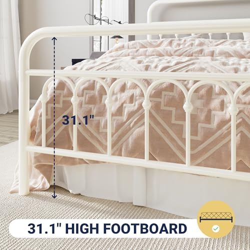Allewie King Size Metal Platform Bed Frame with Headboard, Cream