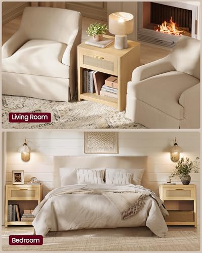 VASAGLE Set of 2 Boho Nightstands with Rattan-Look Drawer