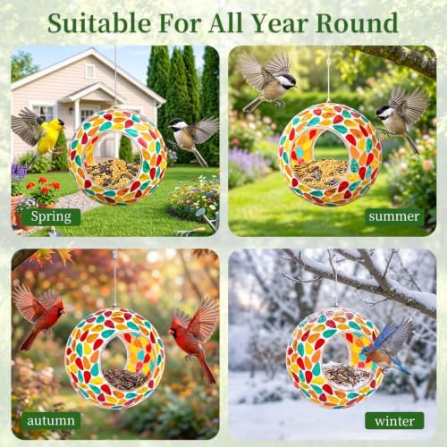 Rancco Colorful Mosaic Glass Bird Feeder for Outdoors, Wild Bird Feeder