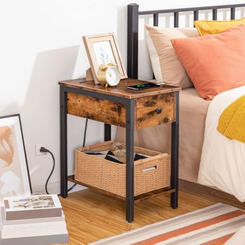 HOOBRO End Table with Charging Station, Narrow Side Table, Small Nightstand, Bedside Tables with Drawer and Storage Shelves, for Small Spaces, Living Room, Bedroom, Rustic Brown and Black BF041BZ01G1