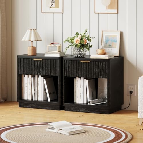 Fluted Nightstand Set of 2 with Charging Station,Drawer & Open Shelf,Black