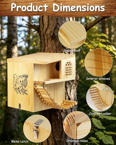 Squirrel House 16.5" Large Heavy Duty Weatherproof Solid Wood Squirrel Nesting Box with Porch, Climbing Ladder & Anti-Predator Latch, Fun Family DIY Assembly Kit Gift, Backyard Outdoor Decor