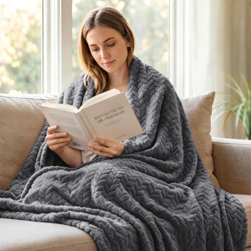 Exclusivo Mezcla Fleece Throw Blanket for Couch Sofa, 50”x70”, Dark Grey