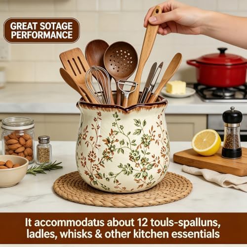 5.7'' Ceramic Utensil Holder for Kitchen Counter, Farmhouse Floral Crock