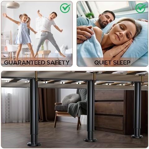 4Pcs Bed Frame Support Leg, Adjustable Height 5"-8.6", Extra Sturdy Steel Bed Frame Support Legs with Wider Rubber Base, More Stable/Quieter, Bed Slat Reinforcement Kit for King/Queen Bed